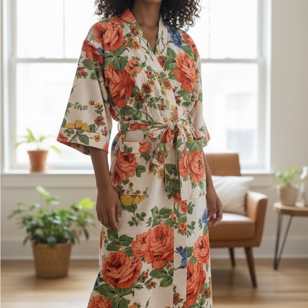 NWT Waffle Weave Floral Print Kimono Robe